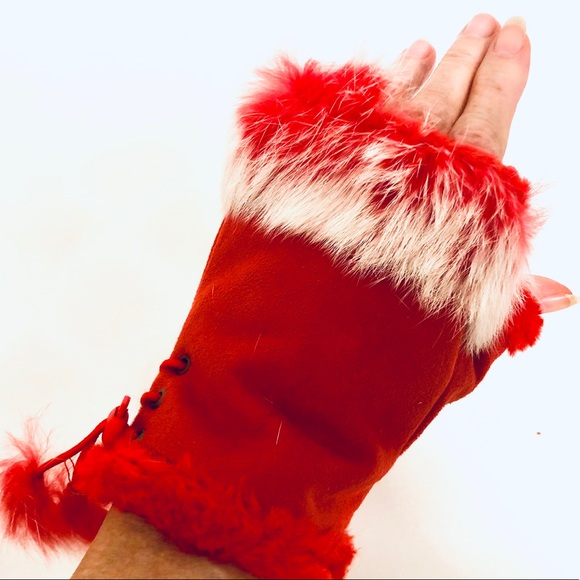 NWT red fingerless gloves real angora fur vegan suede mittens - Picture 5 of 7